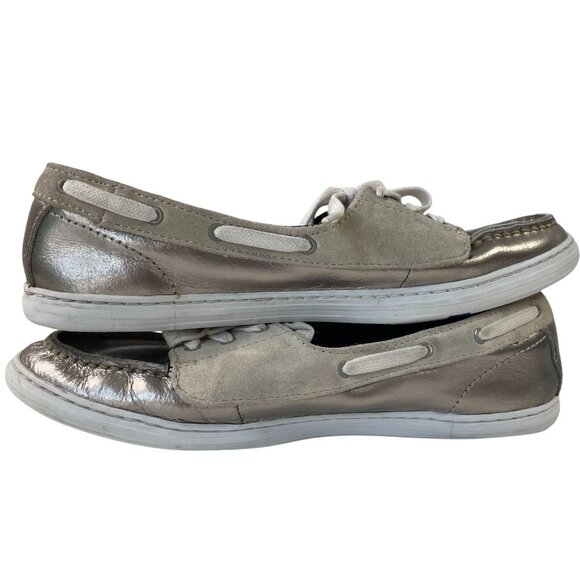 Lacoste Loafers Womens 7.5 Ziane Silver Boat Shoes Metallic Slip On Leather Prep - Picture 4 of 10
